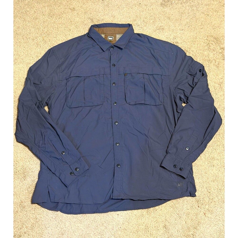 REI Men's XL Blue Woven Solid Long Sleeve Button-Up Shirt Collared Pockets